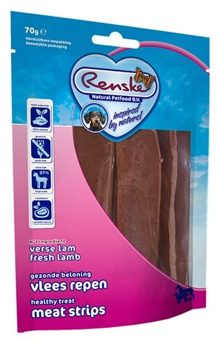 Renske Gezonde Beloning Vlees Strip Lam 70 GR - Best4pets.nl